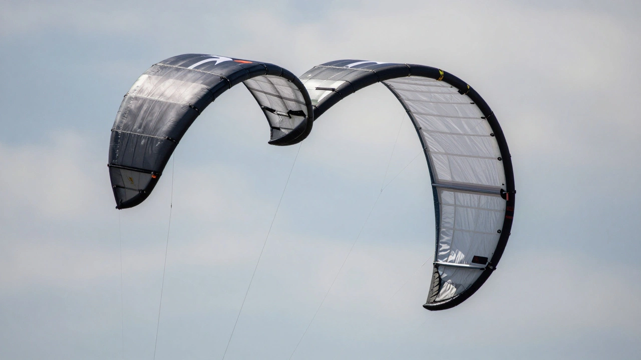 A precision kite performing a figure-eight with one loop slightly larger, showing asymmetry and twisted lines.