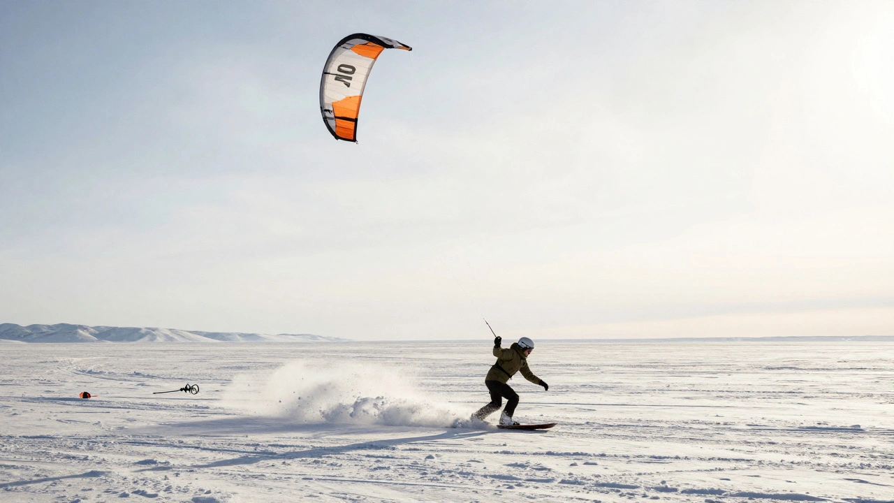 A rider turns sharply on a windswept plain, kite at 10 o'clock, snow spraying from skis as wind pulls them forward.