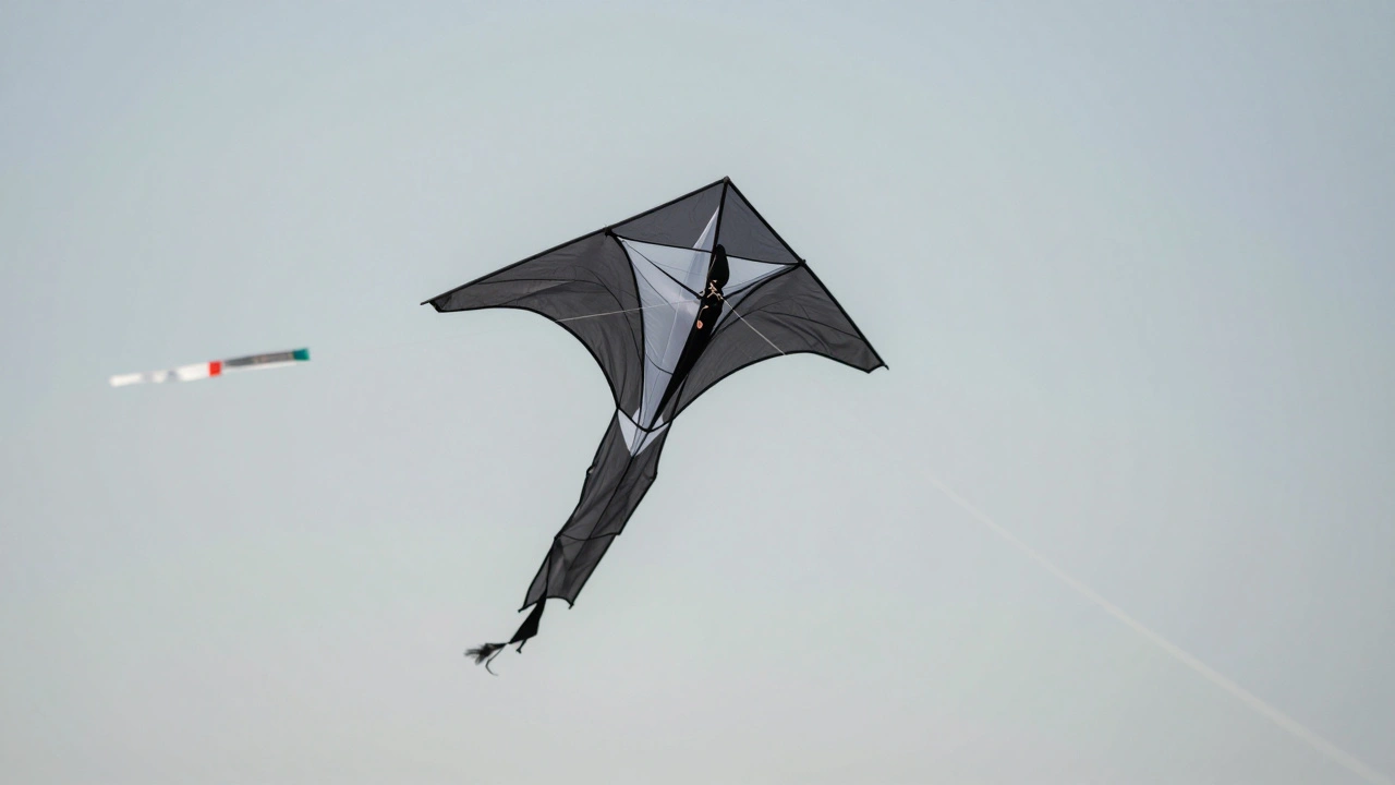 A stable kite hovering at 20 feet above ground, with a person slowly reeling in line, wind ribbon visible in background.