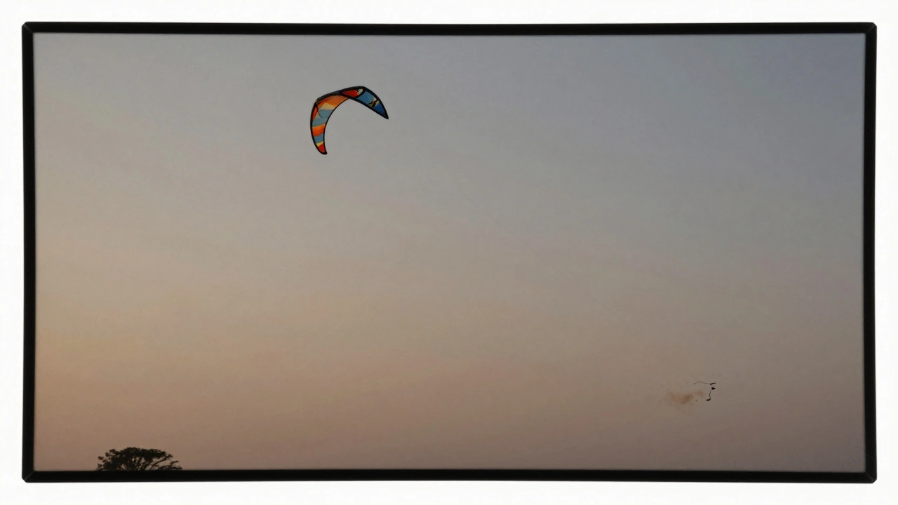 A stunt kite gliding slowly through the upper edge zone, executing a graceful figure-eight path in light wind.