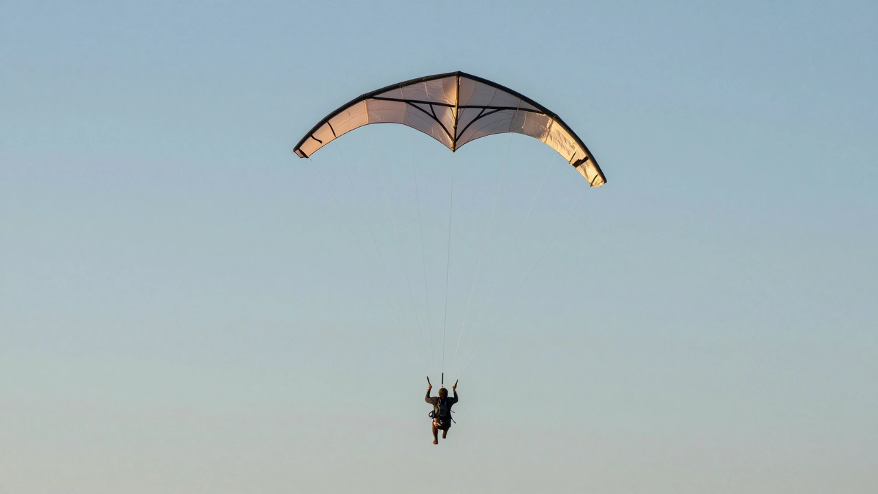 A stunt kite hovering steadily above a flyer's head in the neutral zone, surrounded by calm, even airflow.