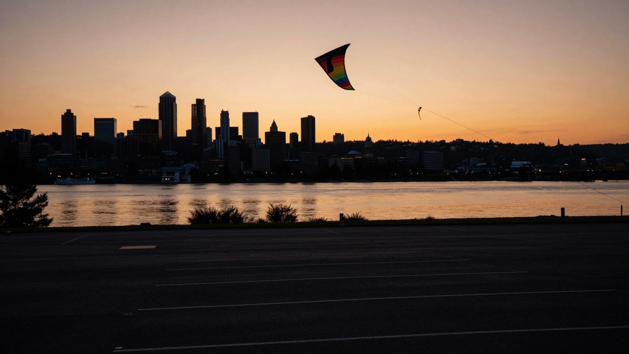A stunt kite looping over an empty urban lot at dusk, with a distant city skyline and river reflections.