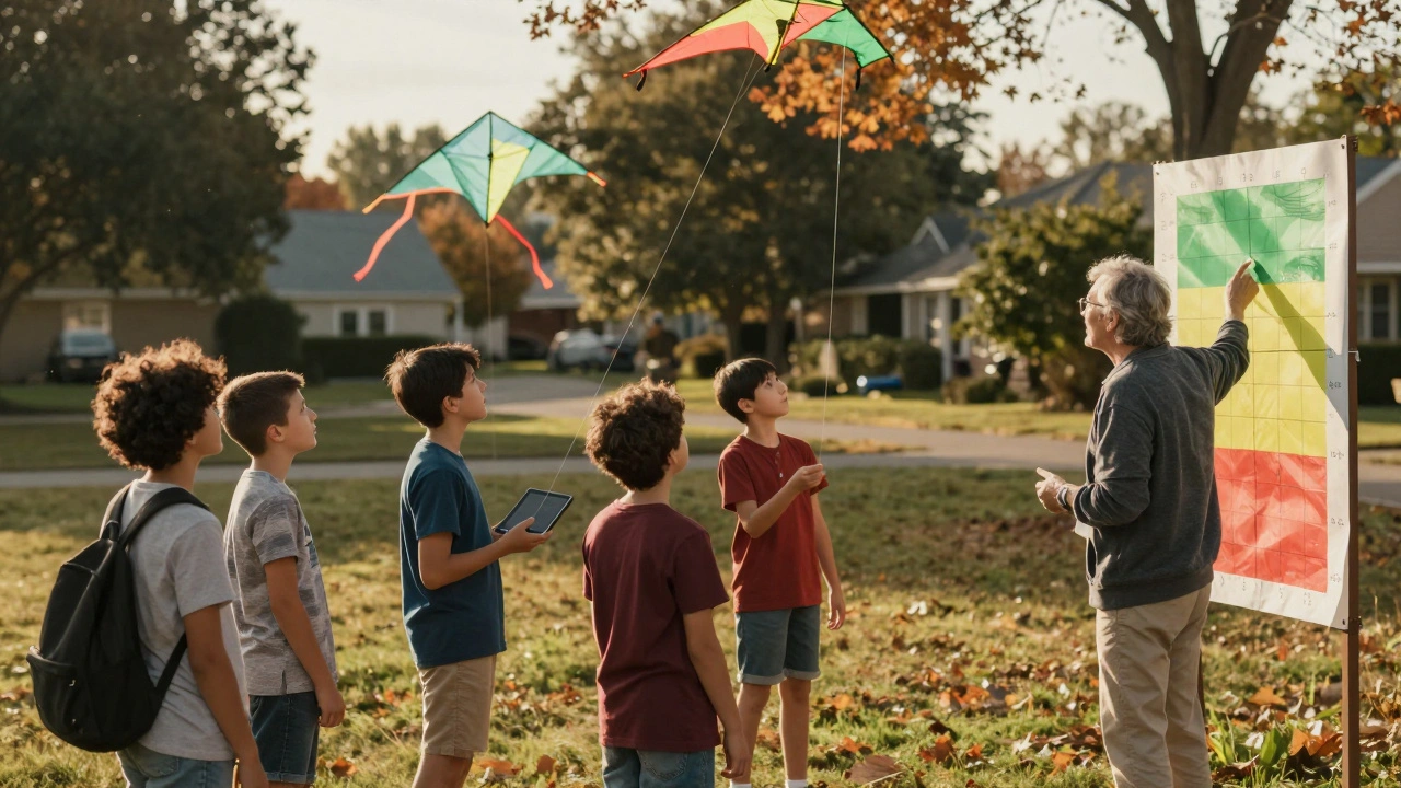A teacher and kids observing kites in the sky with a color-coded wind chart and weather tools nearby.