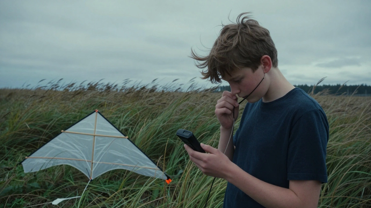 A teen adjusting a delta kite on a windy island, studying wind data with an anemometer as grasses sway around.