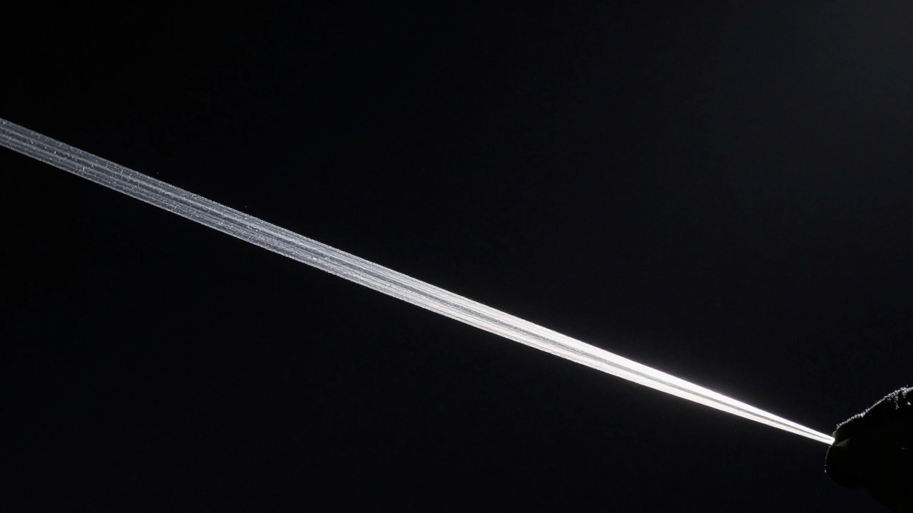 A thin, sharp synthetic kite line severing a cotton strand, glowing under spotlight with abrasive coating visible.