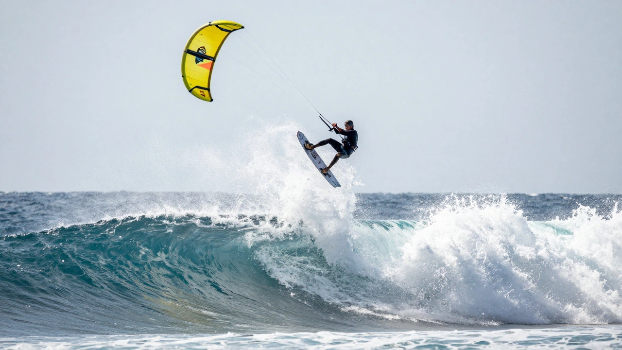 Advanced rider performing a high jump over ocean waves with a C-kite in sharp curved position.