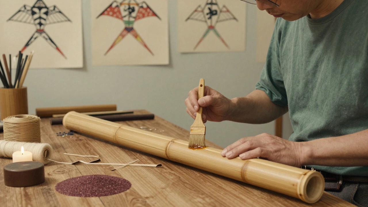 An artisan treating bamboo spars with oil in a traditional workshop, surrounded by kite-making tools.
