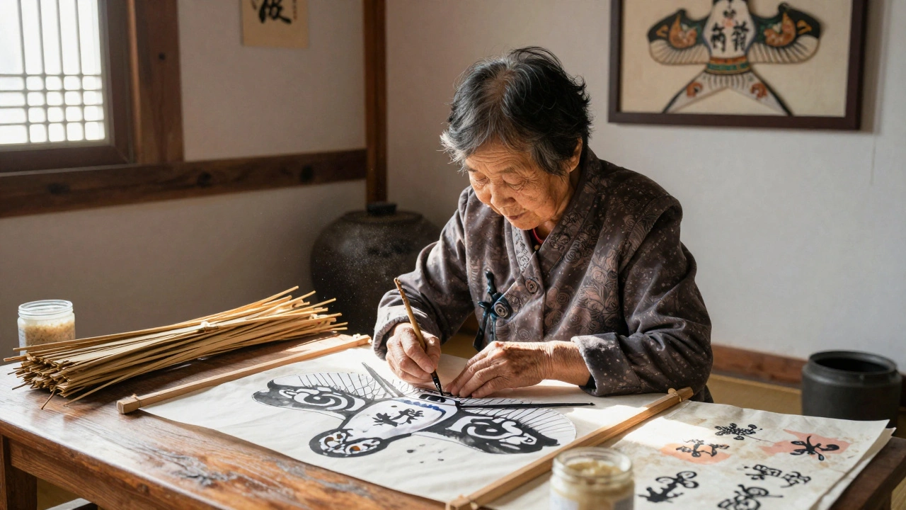 An elderly woman paints a Bang-Pae Yeon kite by hand using ink and rice paste, surrounded by bamboo strips and hanji paper.
