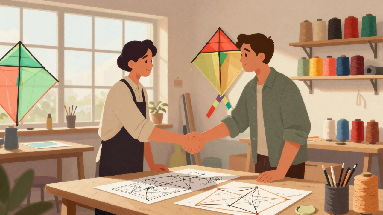 Business owner shaking hands with a kite builder in a workshop filled with gear.