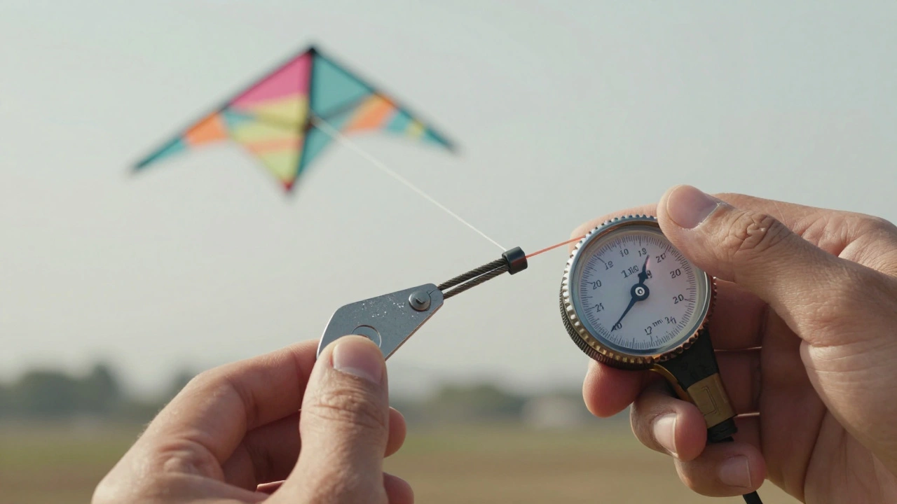 Close-up of a tension meter reading 12 grams on a kite bridle line with a slider tool nearby.