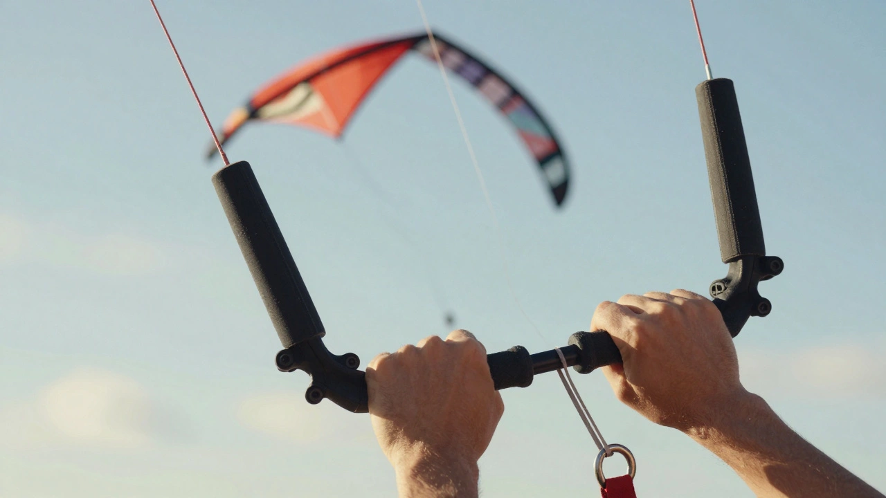 Close-up of hands gripping kite handles as a stunt kite performs a figure-eight pattern in the sky.