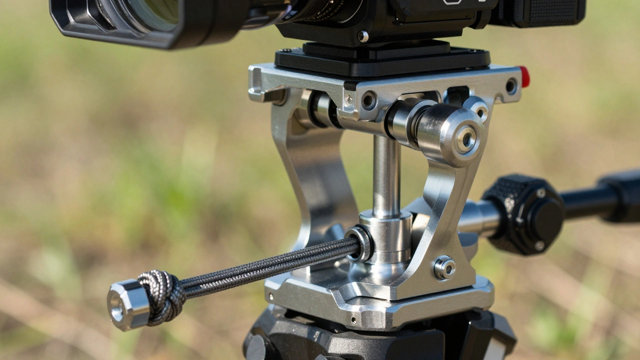 Close-up of stainless steel camera mount hardware and braided suspension lines outdoors.
