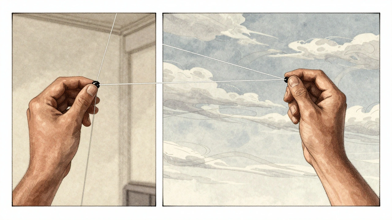 Conceptual split image showing indoor kite control transitioning to outdoor flight with flowing wind lines.