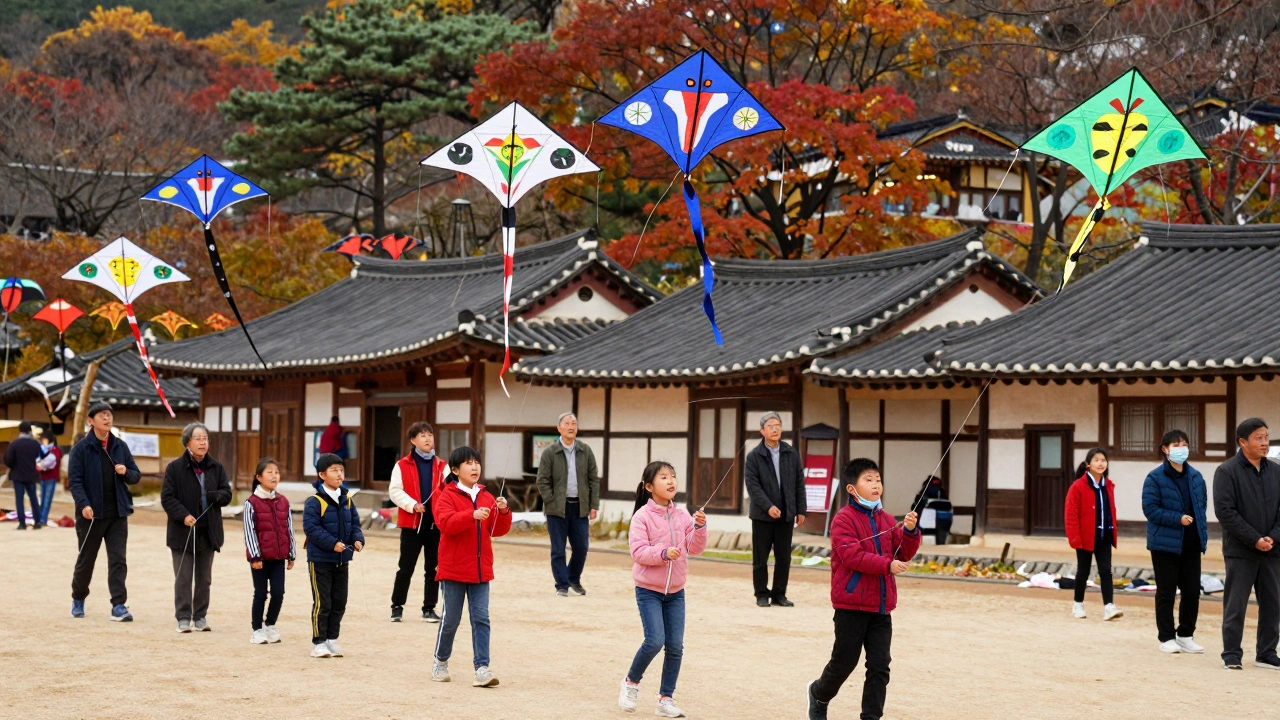 Dozens of authentic Korean shield kites glide steadily above the ground at a traditional autumn festival.