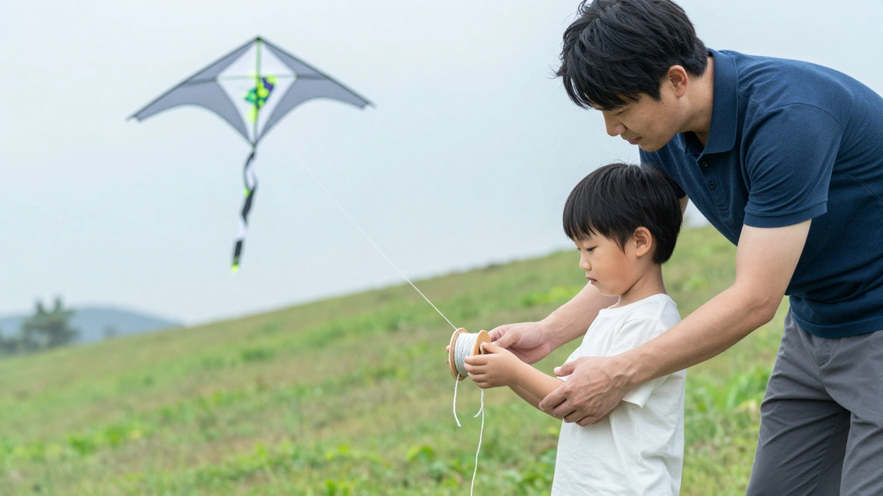 Experienced flyer teaching a child how to hold a kite spool on a grassy hill.