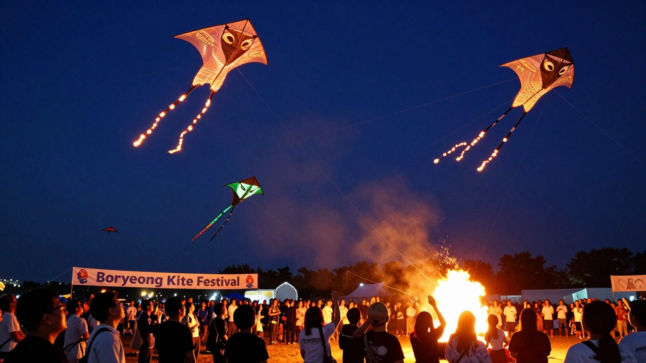 Glowing kites and fire kites dancing in a night sky above a cheering crowd at a festival.