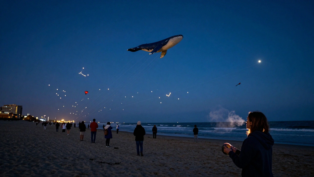 Glowing kites float like stars above a quiet beach at twilight, casting soft light on spectators below.