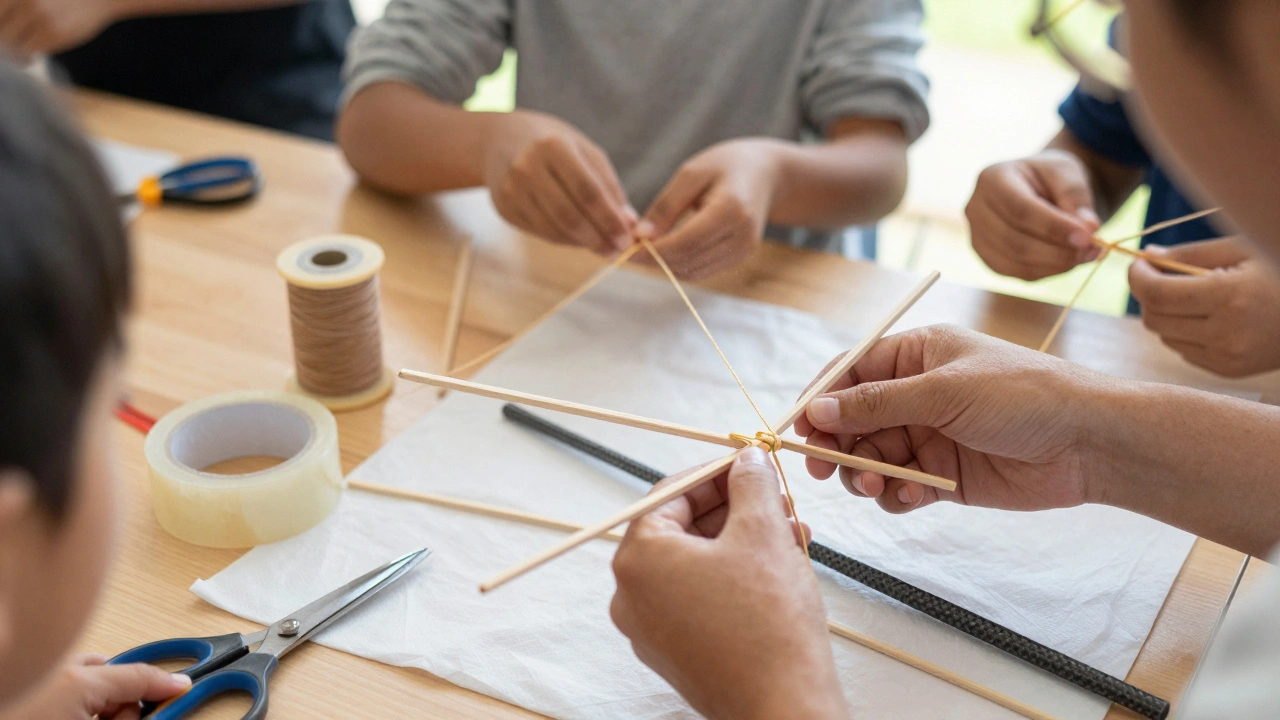 Hands assembling a kite frame with bamboo and tape on a table.
