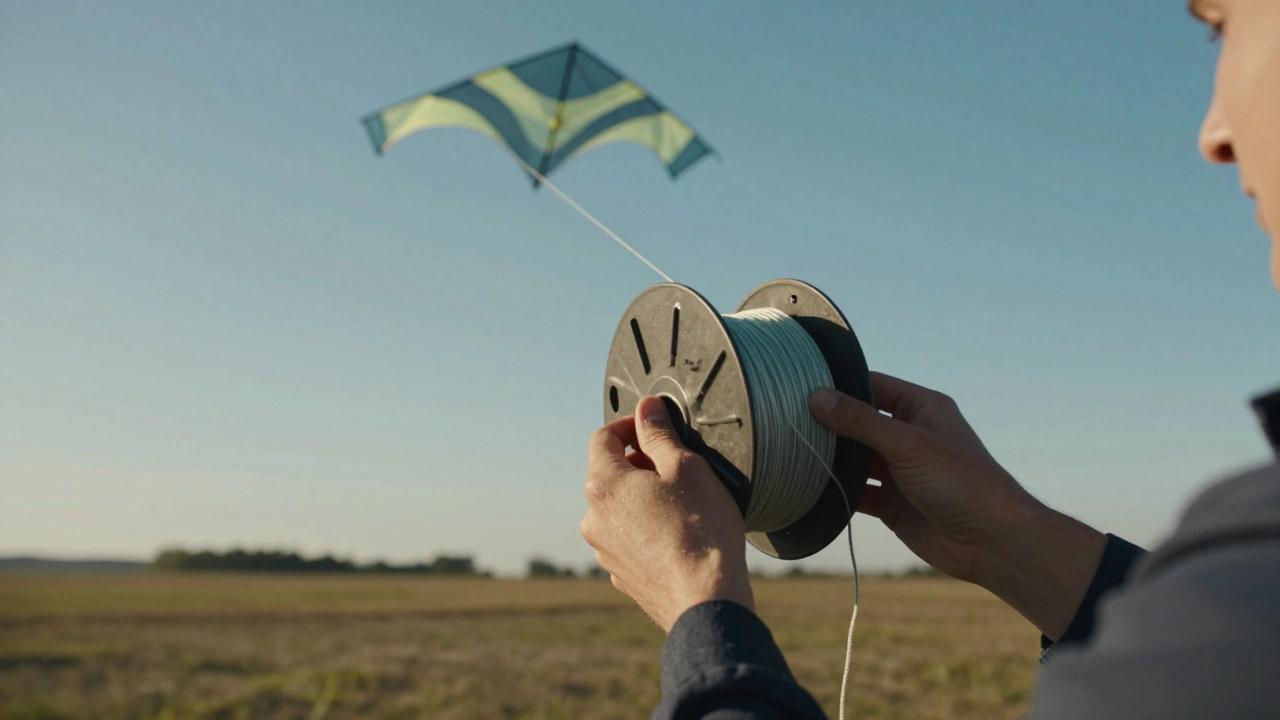 Hands using the doorknob grip to control a kite spool as the kite rises steadily in the sky.