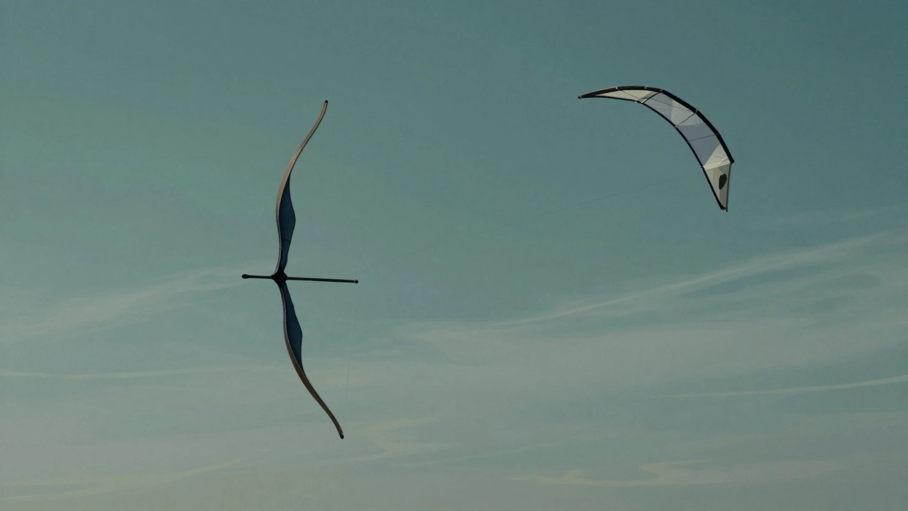 Hybrid kite design morphing between bow and C-kite shapes, symbolizing modern innovation in power kites.