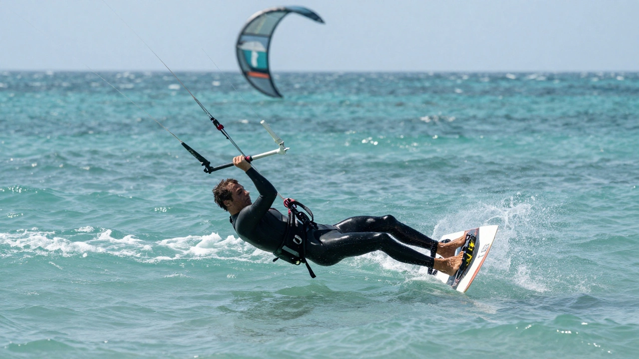 Kiteboarder practicing body dragging in shallow water using harness