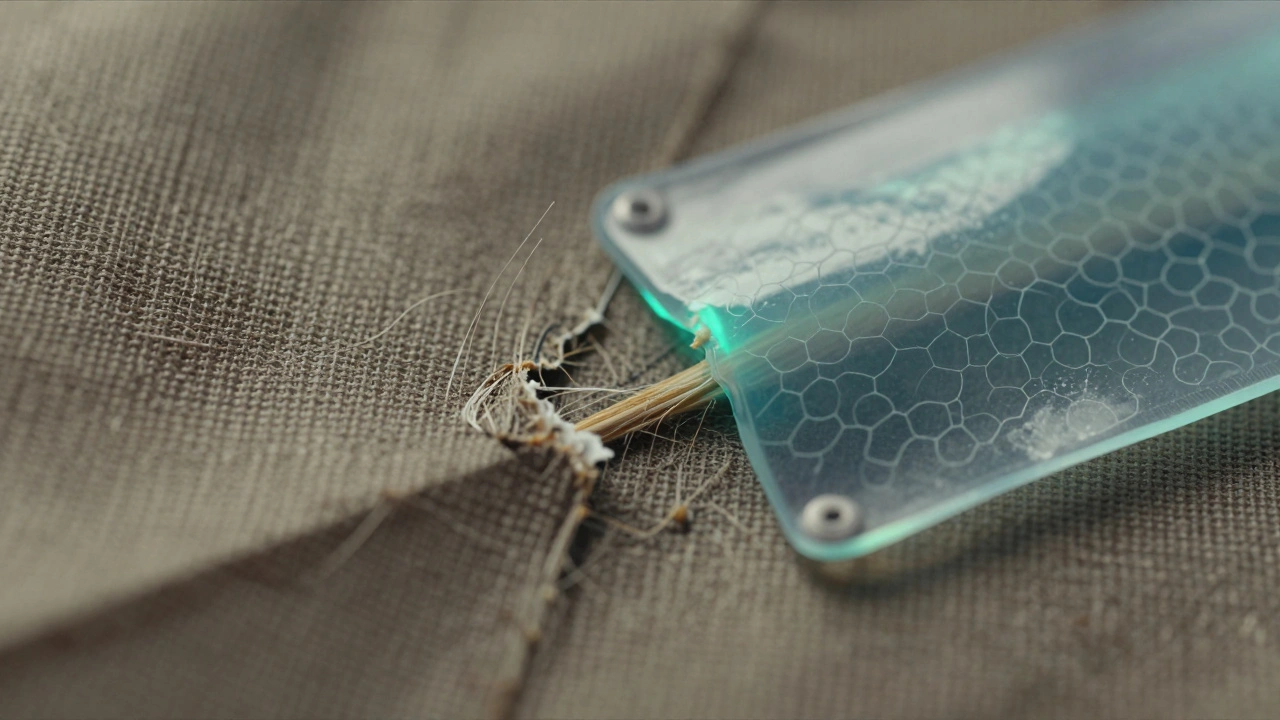 Microscopic view of kite fabric fibers being protected by a transparent UV-resistant sealant layer.