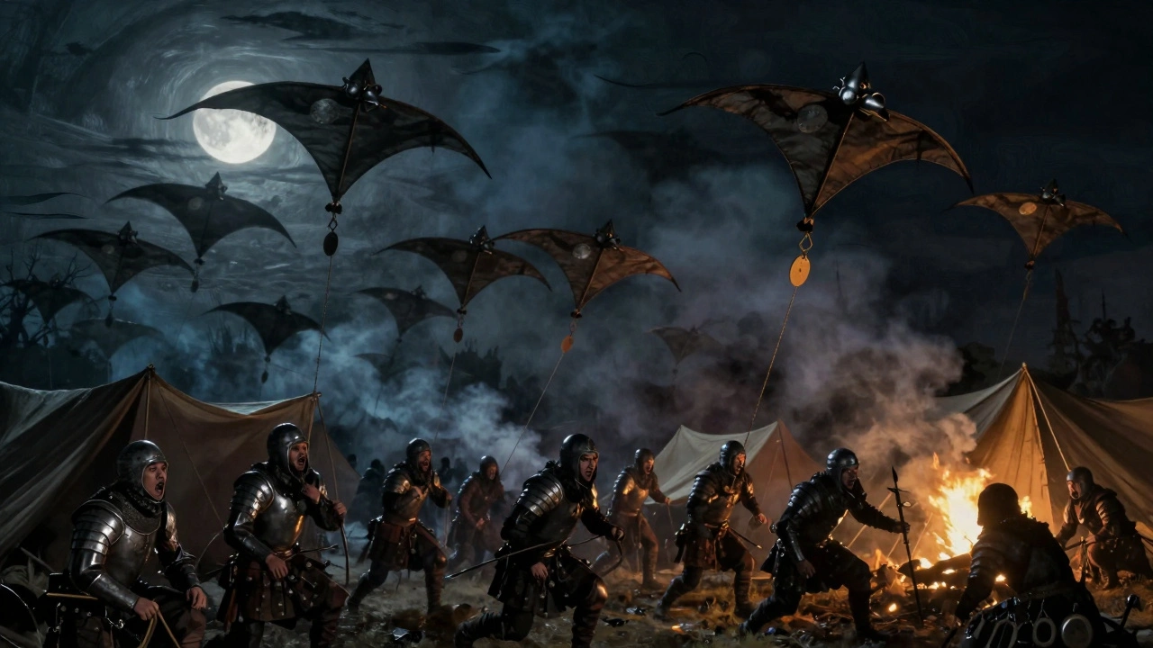 Mongol kites with whistles hover over a terrified enemy camp at night, spreading fear through eerie sounds.