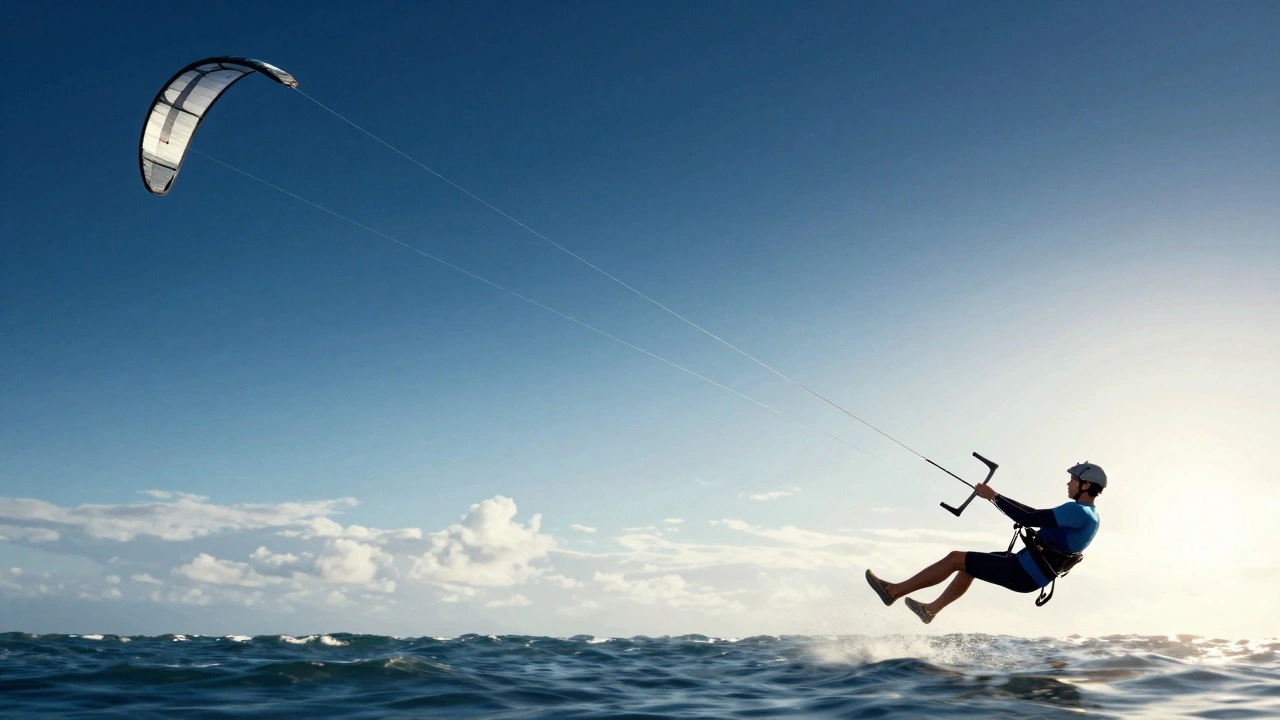 Rider activating 3-line safety system as kite detaches and falls neutrally, wind losing power.