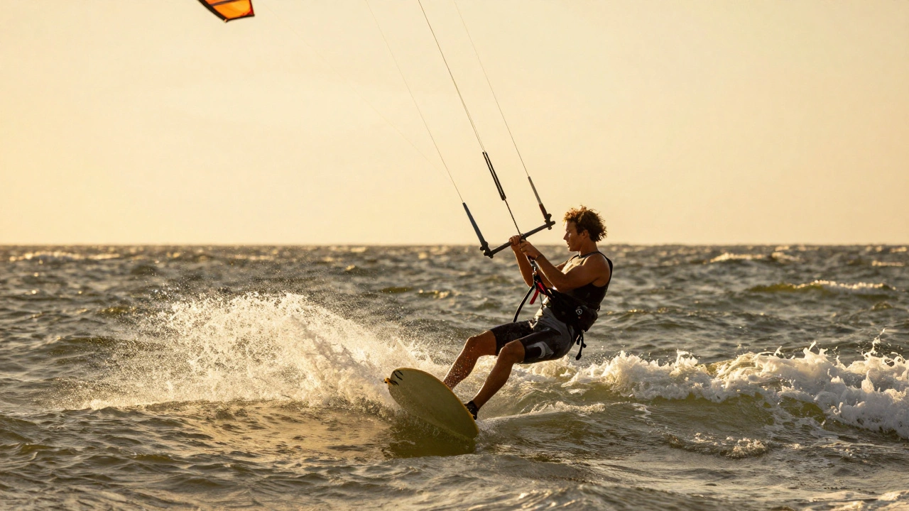 Rider carving upwind on board gazing toward shoreline horizon