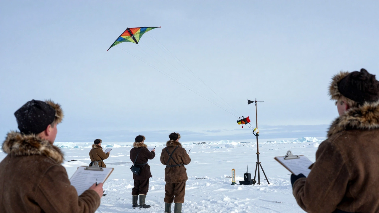 Scientists in Alaska launching a kite with instruments to measure upper-atmosphere wind and temperature.