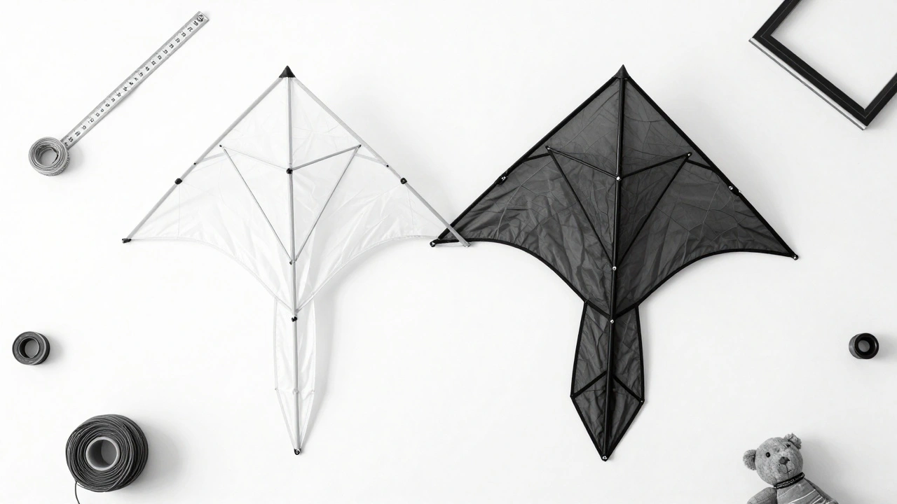 Side-by-side comparison of an indoor-only kite and a crossover kite with tools and signs of use.