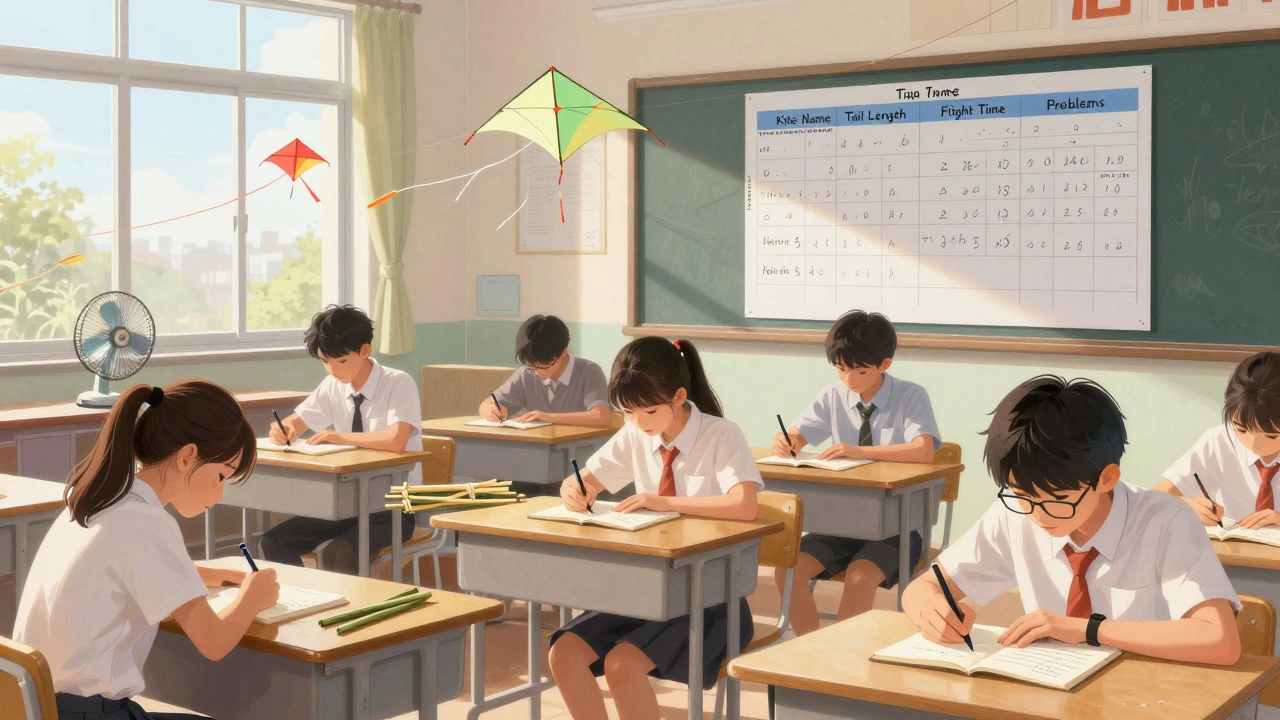 Students in a classroom recording kite flight data in notebooks, with a chart on the wall and a fan simulating wind.