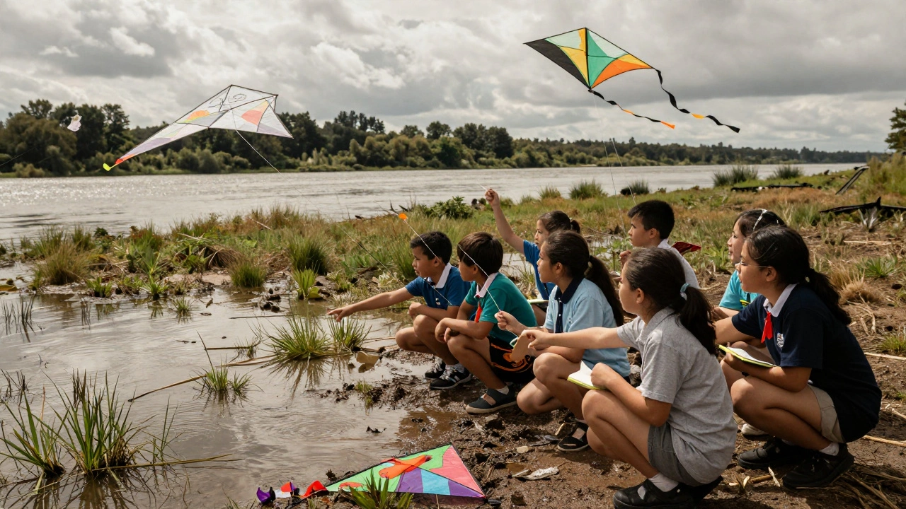 Students observing kite flight patterns over a wetland, with one kite spiraling and another gliding steadily.
