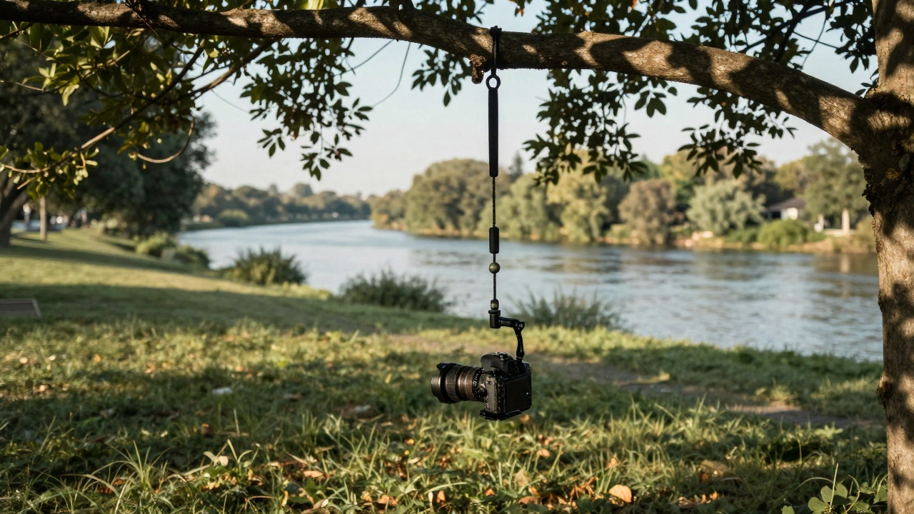 Testing camera pendulum rig hanging from tree branch before flight outdoors.
