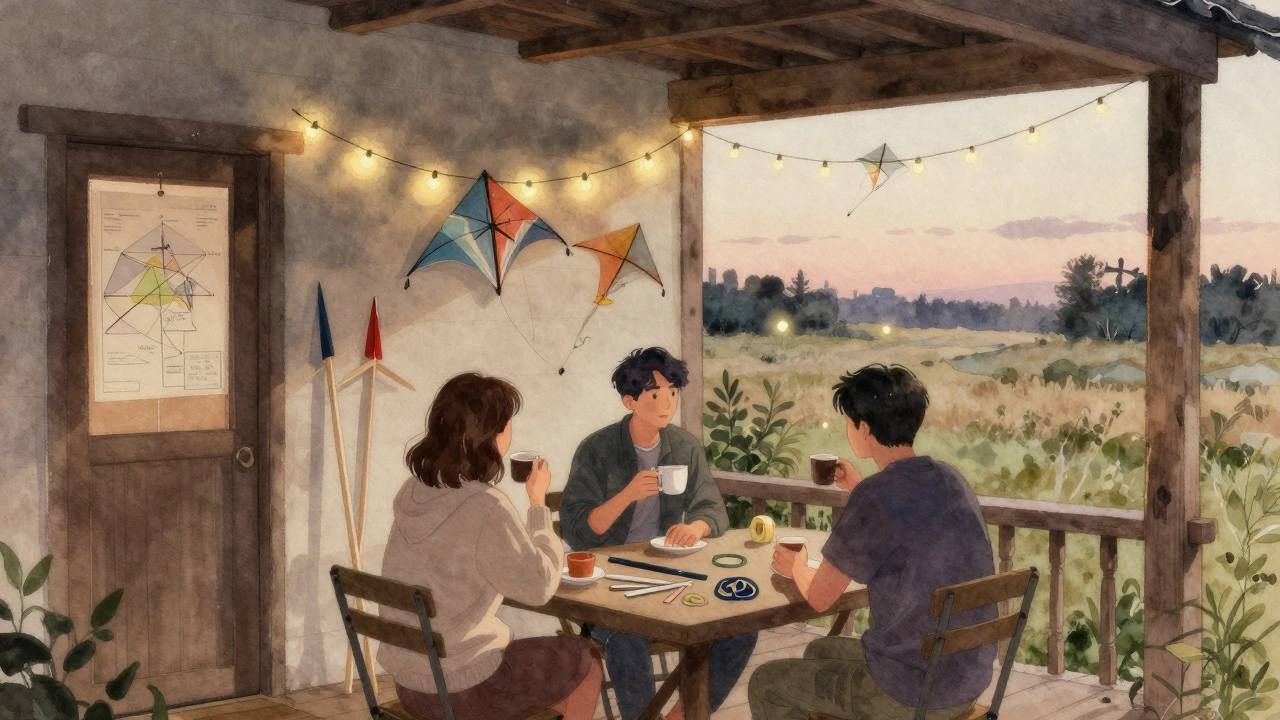 Three kite flyers on a porch at twilight, repairing gear with kites leaning nearby.