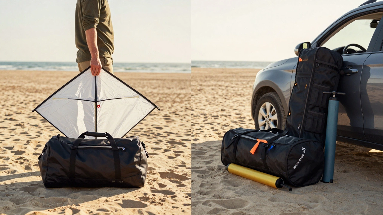 Traveler comparing compact foil kite bag to bulkier LEI equipment