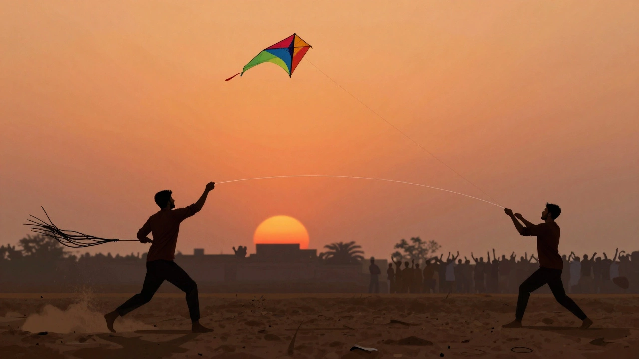 Two kite fighters in action at dusk, one with a sagging nylon line, the other cutting cleanly through air.