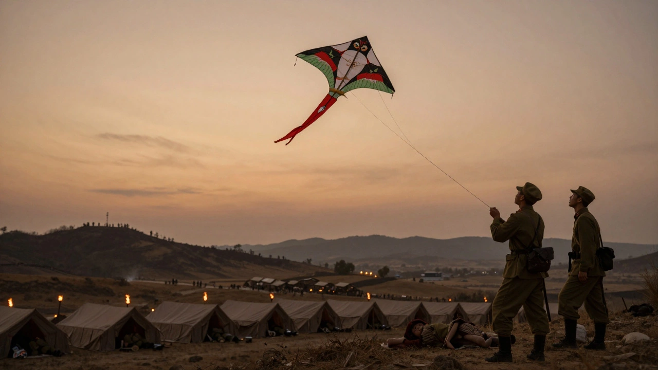 Two soldiers watch a coded message kite fly over a valley at twilight, signaling an impending attack.
