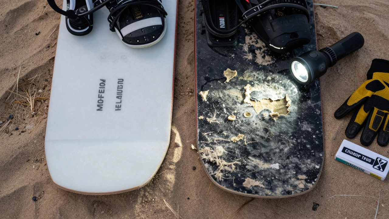 Worn kite lines on sand beside new replacement kit, UV damage visible under flashlight beam.
