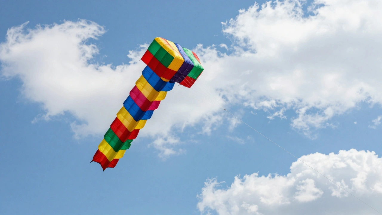 A colorful 3D box kite flying high in a sunny blue sky