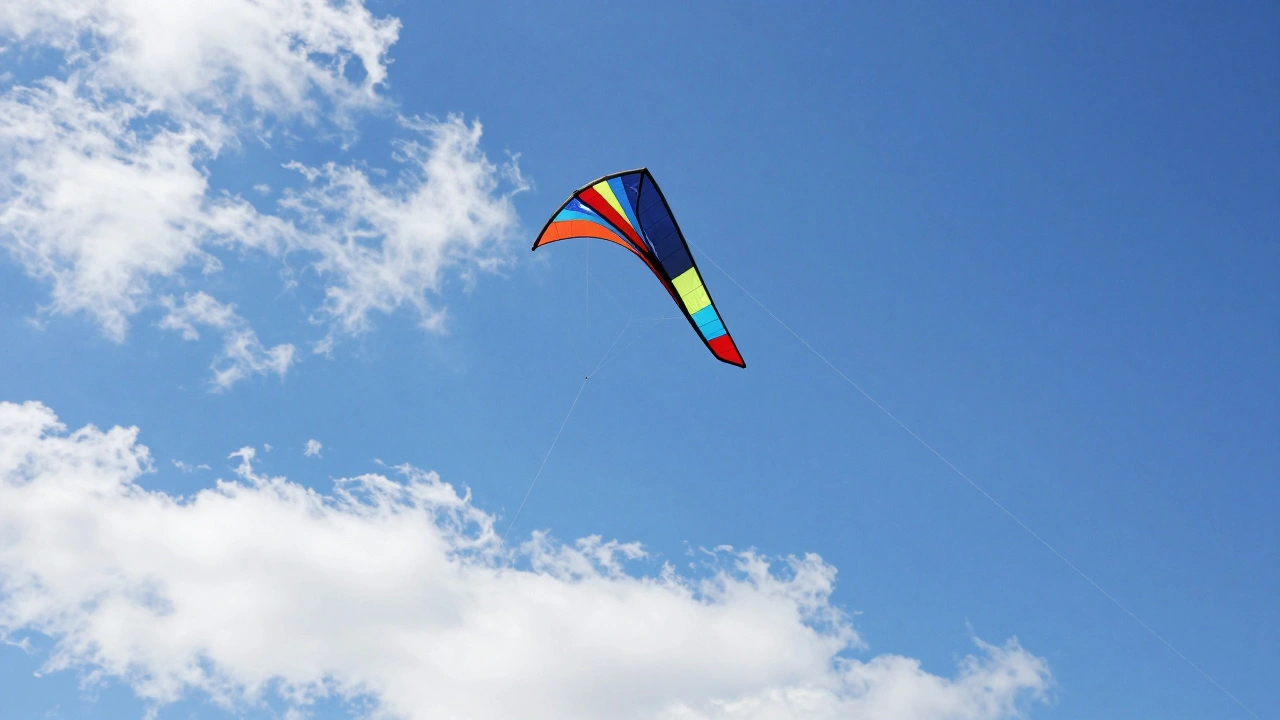 A colorful stunt kite performing a precise figure-eight maneuver in a clear blue sky.