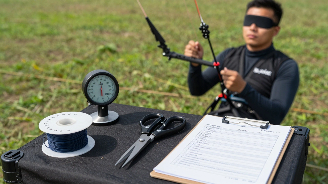 A competition kite tuning kit with an anemometer and tools laid out on a launch field.