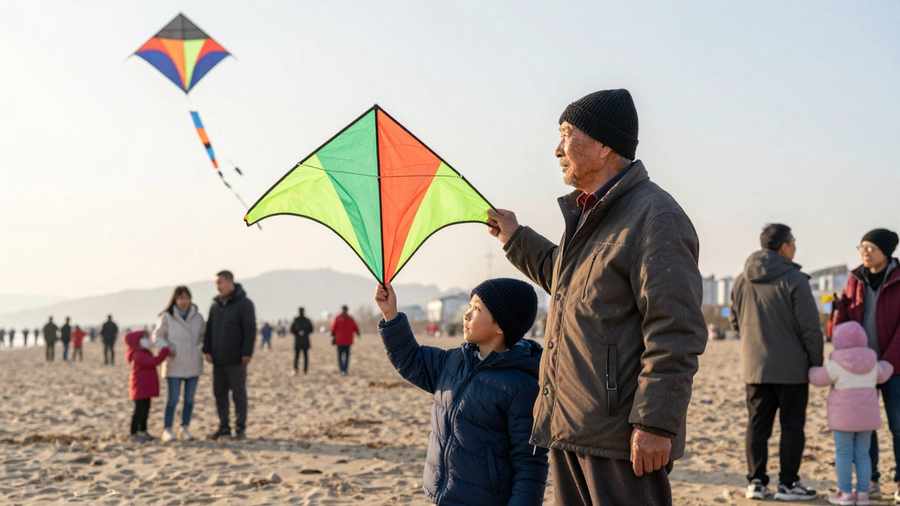 A grandfather and grandson flying a colorful delta kite together on a beach.