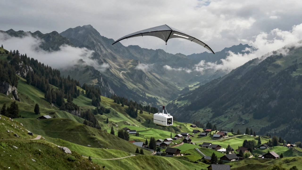 A high-strength kite delivering a medical cargo pod to a remote mountain village
