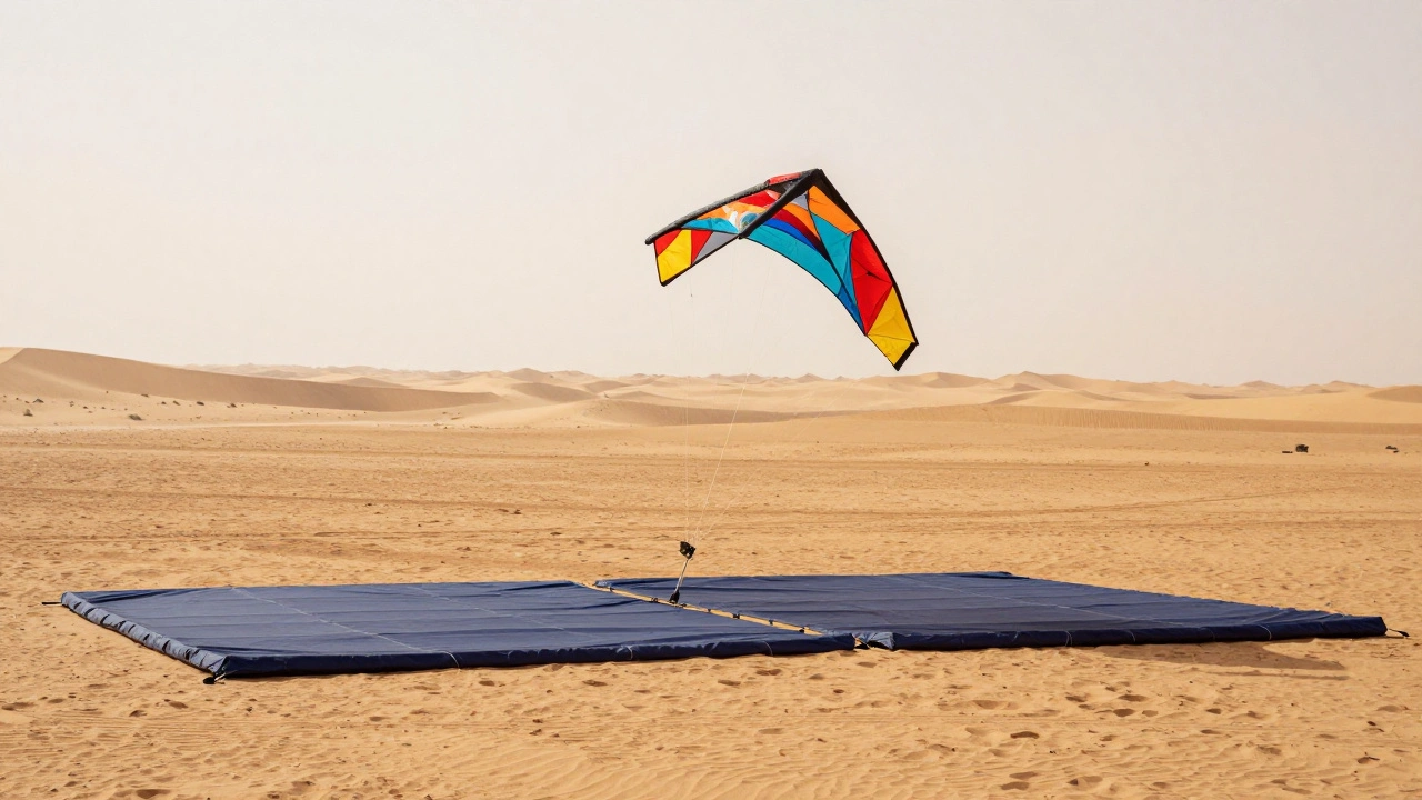 A kite hovering just above a protective landing mat on a sandy desert floor.