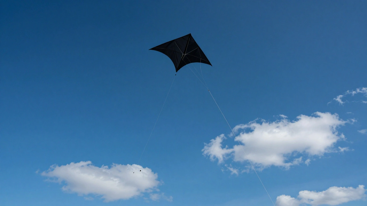 A large delta kite flying steadily at a steep angle in a clear blue sky.