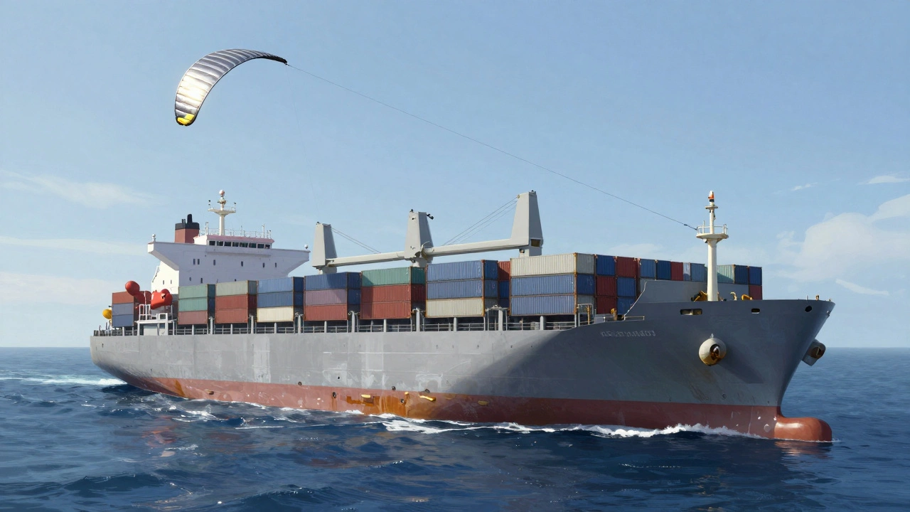 A massive cargo ship being pulled through the ocean by an automated propulsion kite