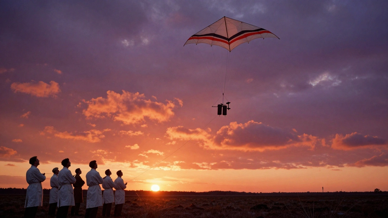 A meteorological kite collecting air samples against a dramatic sunset sky.