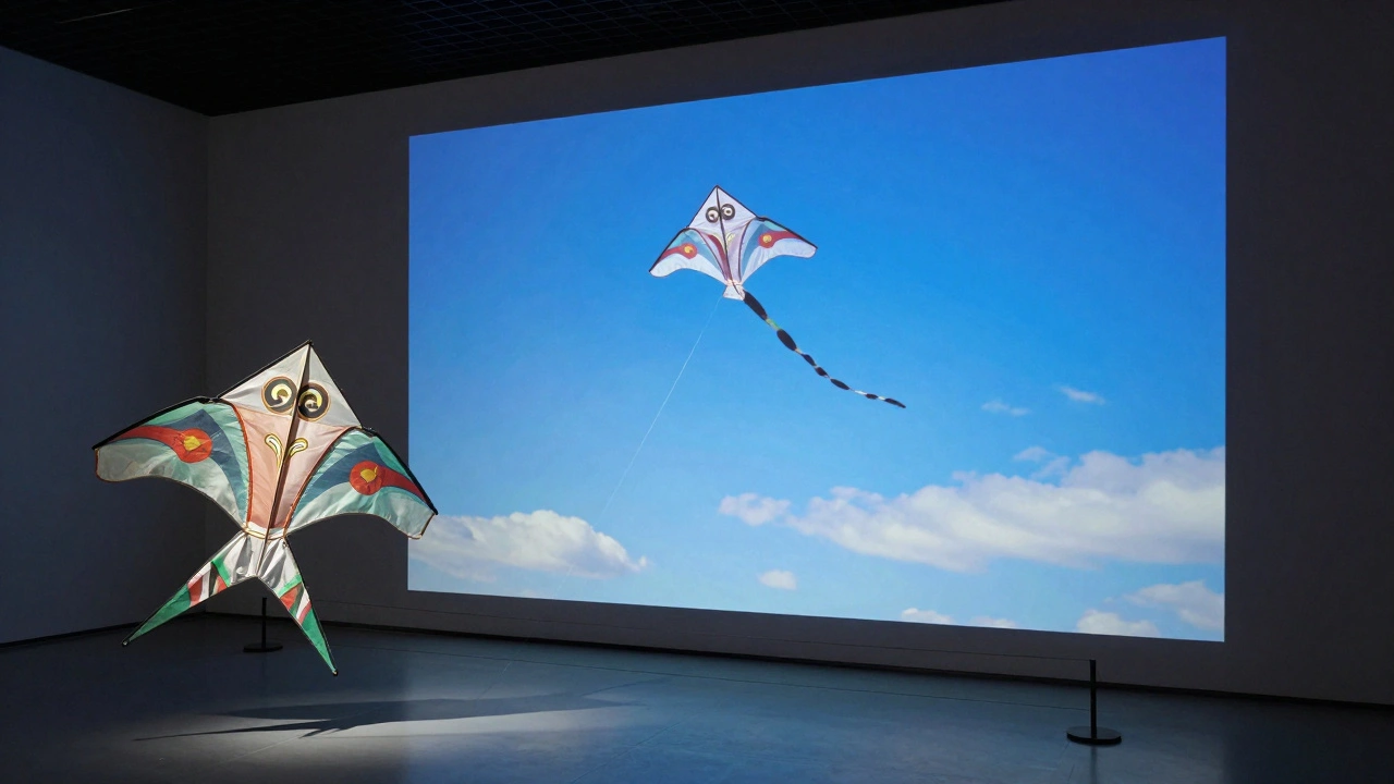 A museum display featuring a physical kite and a digital projection of it flying.