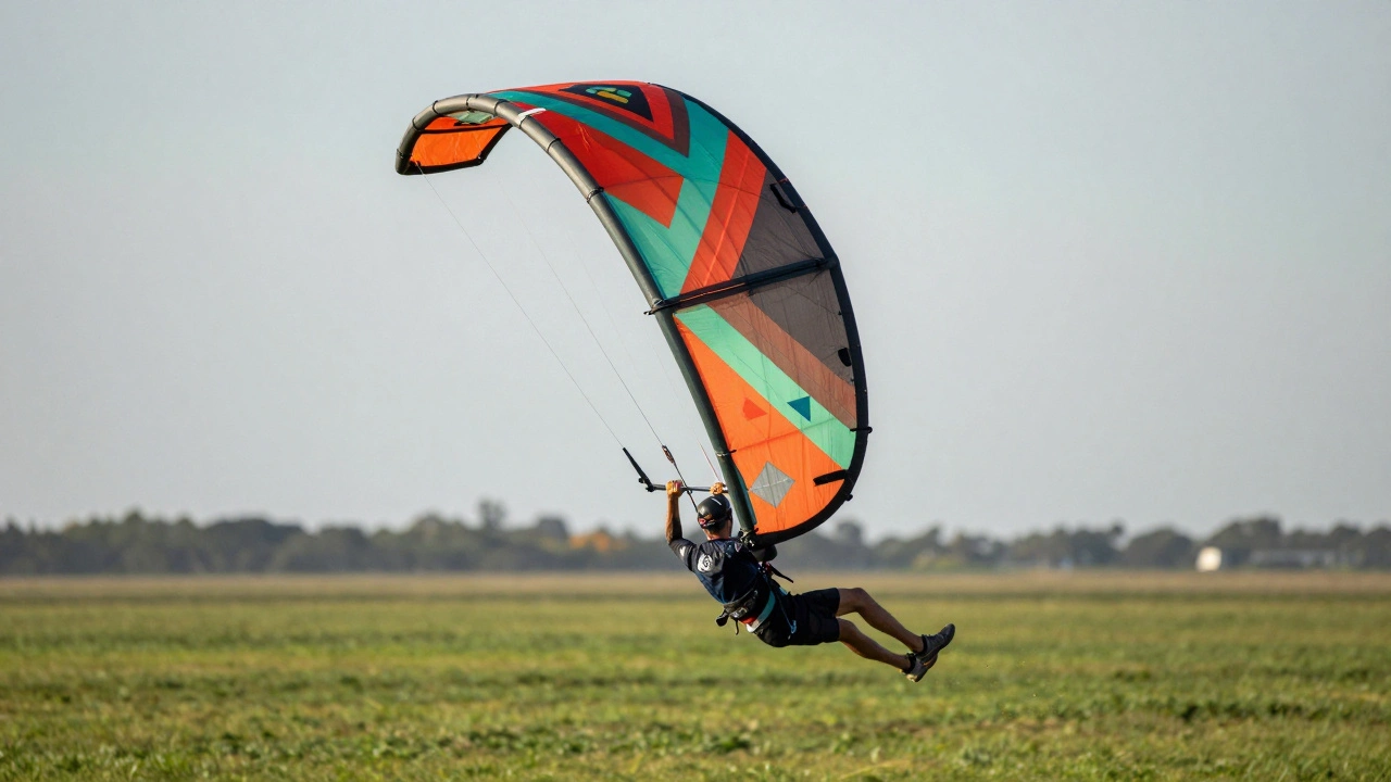 A person steering a geometric stunt kite in a dynamic arc over a green field